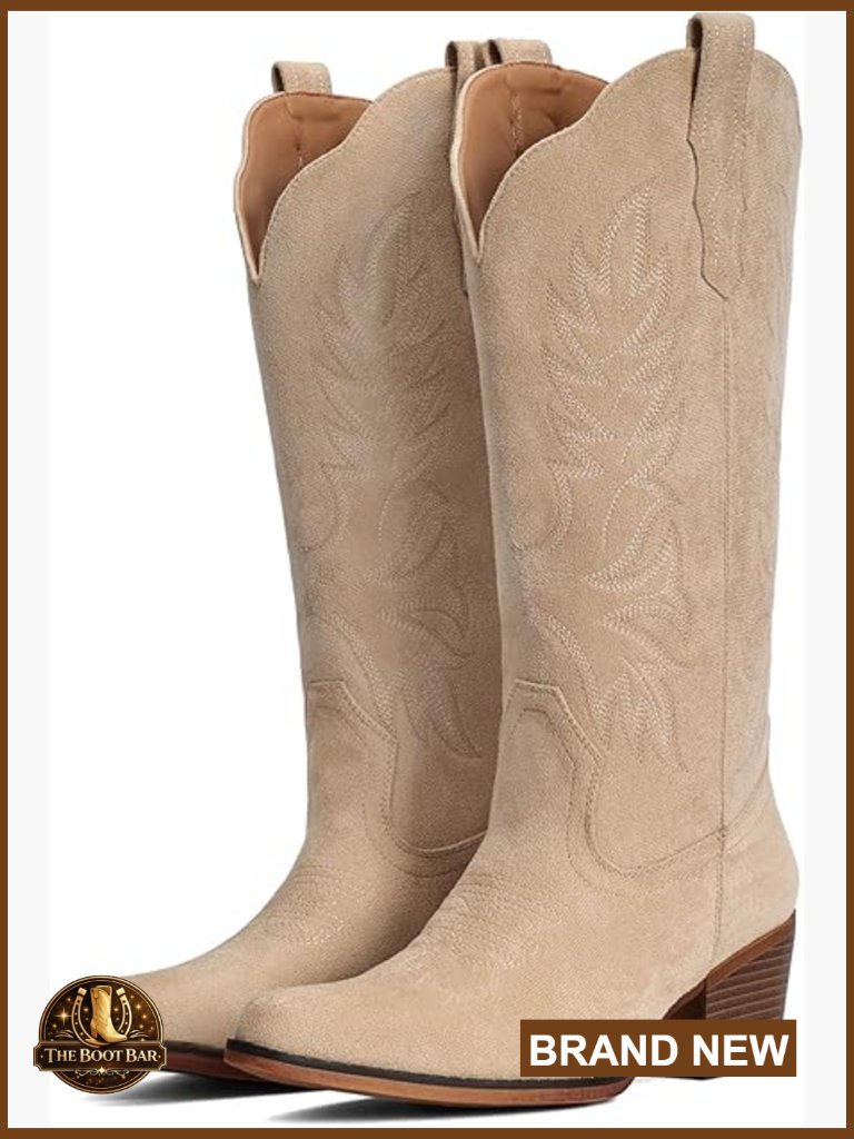 Suede Cowboy Boots Mid Calf Embroidered Snip Toe Chunky Heel Western